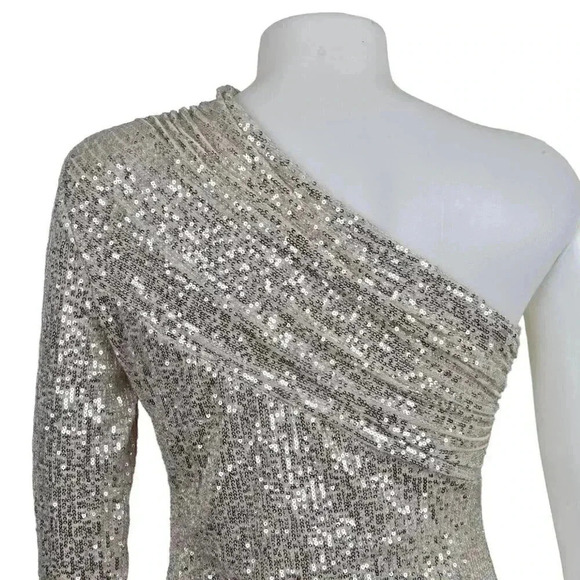 Bella Barnett Gold Metallic Sequins Dress Evening Sexy Formal One Shoulder Med - Picture 7 of 12